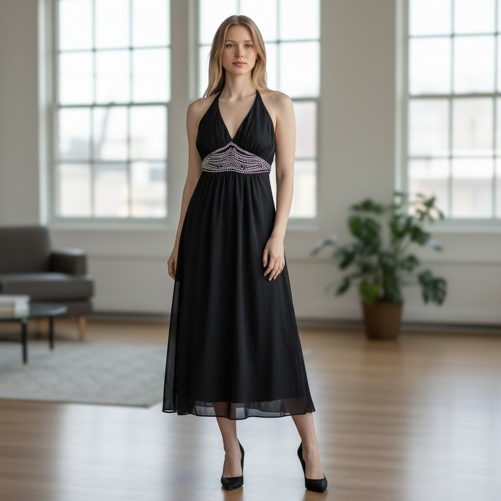 Ruby Rox Black Chiffon Rhinestone Empire Halter Midi Dress PWV-1812 Small